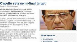 卡佩羅確定世界杯目標 英格蘭至少要闖進半決賽