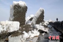 新疆博斯騰湖風(fēng)景名勝區(qū)出現(xiàn)推冰景觀 使新疆博斯騰