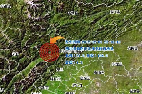 2012年12月1日晚四川綿陽(yáng)北川發(fā)生4.3級(jí)地震