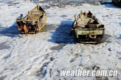 山東青島 膠州灣出現初生海冰