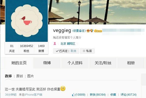 9月13日晚王菲發(fā)微博稱夫妻緣盡,疑似王菲和李亞鵬離婚