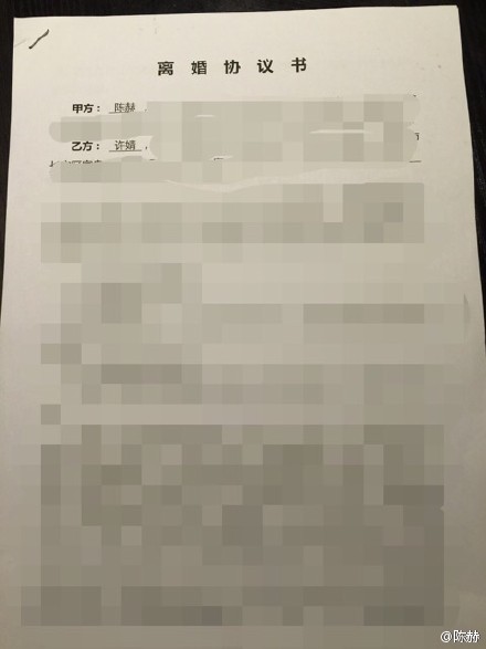 陳赫離婚協議書內容