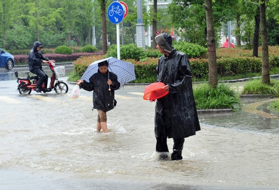 江蘇揚州遭遇暴雨：揚州暴雨公路撈魚。