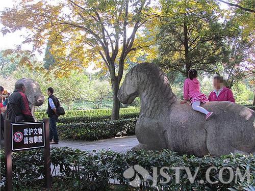 騎在文物上自拍的不文明行為