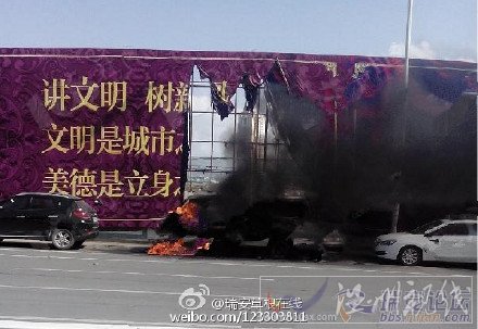 瑞安羅陽大道一輛汽車自燃
