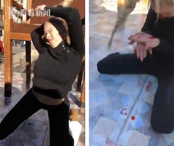 美女街頭表演柔術(shù)失誤 鼻子撞上椅子當(dāng)場(chǎng)流血