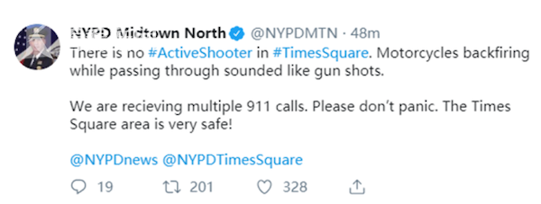 美國時代廣場萬人奔逃 原來只是摩托車排氣聲