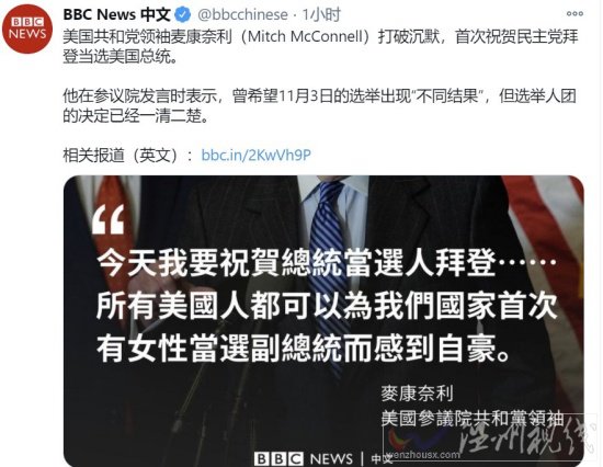 美參議院共和黨領袖祝賀拜登當選