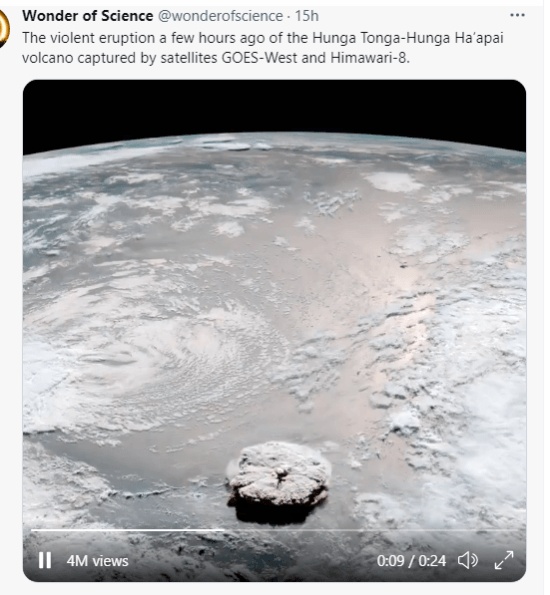 湯加火山噴發(fā)現(xiàn)場(chǎng)似“核爆”升起蘑菇云