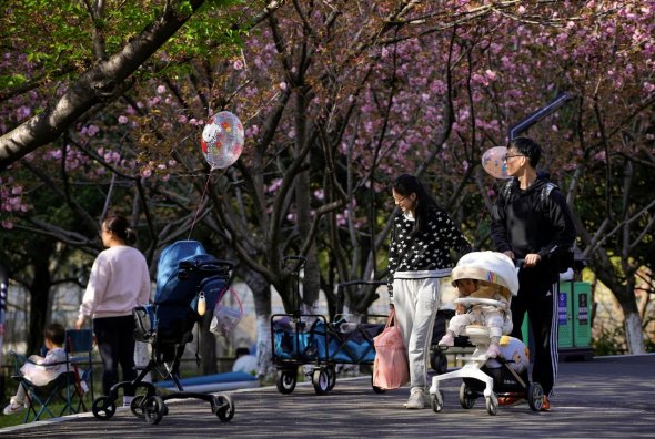 2023年4月2日，上海的一個公園里，一對父母推著嬰兒車。