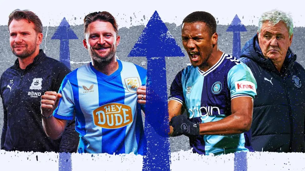 (從左到右)普利茅斯隊主教練湯姆·克萊維利、哈德斯菲爾德隊新前鋒阿爾菲·梅、維康比隊的理查德·科內(nèi)和布萊克浦隊主教練史蒂夫·布魯斯