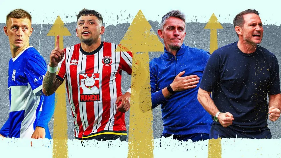 （從左到右）伯明翰前鋒杰伊·斯坦斯菲爾德、謝菲爾德聯隊中場古斯塔沃·哈默、伊普斯維奇隊主教練基蘭·麥肯納和考文垂隊主教練弗蘭克·蘭帕德